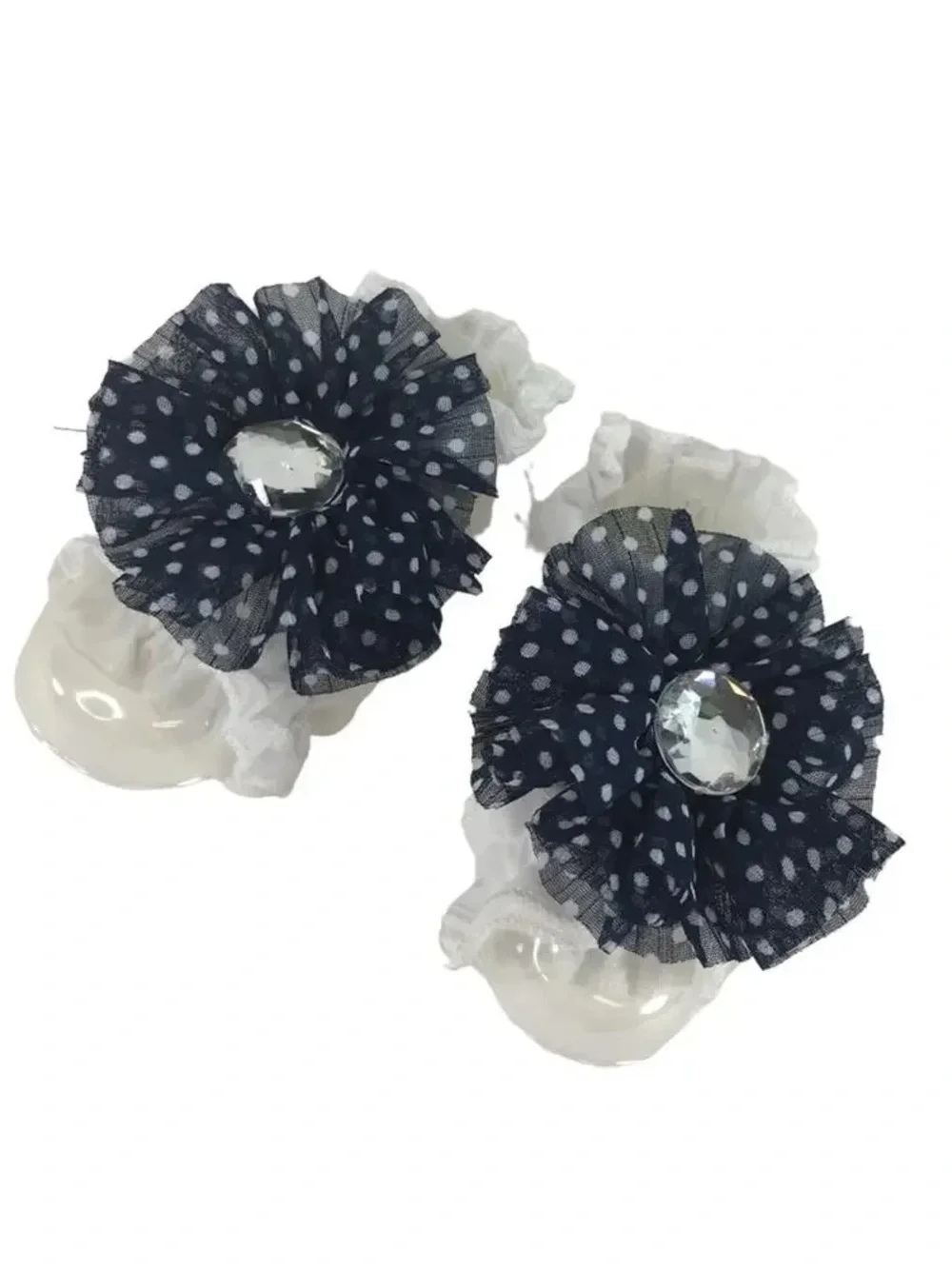 White Baby Headband Pair with Navy Polka Dot Flower